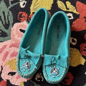 Minnetonka Turquoise Beaded Suede Moccasins